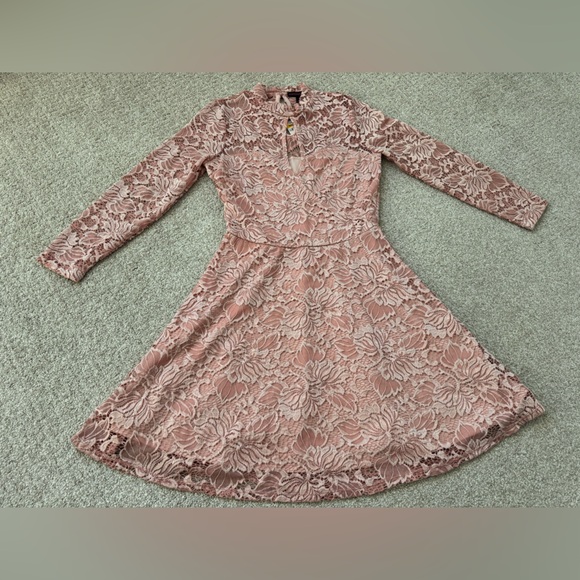 Material Girl Pink Floral Lace Long Sleeve Dress Women Junior Size Medium - Picture 3 of 15